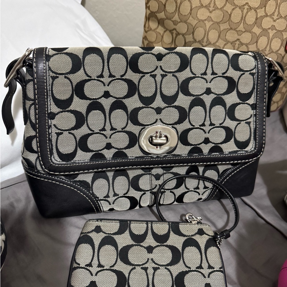 Coach Black and Cream Crossbody Bag with Signature Monogram